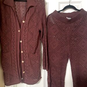Free People Get Away Fauxchet cardigan pant set crochet size S wine/brown color